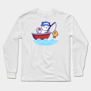 Cute Cat Fishing In The Sea On Boat Long Sleeve T-Shirt